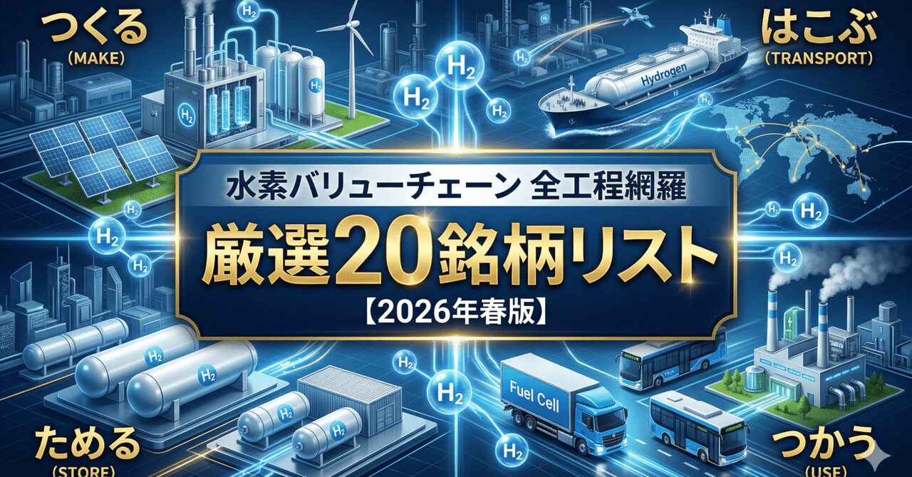 水素バリューチェーンの全工程を網羅 ── 「つくる・はこぶ・ためる・つかう」関連の厳選20銘柄リスト【2026年春版】
