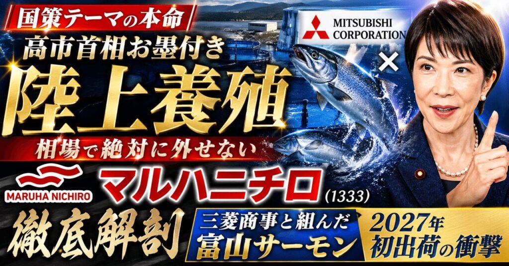 【国策テーマの本命】高市首相お墨付き「陸上養殖」相場で絶対に外せないマルハニチロ（1333）を徹底解剖。三菱商事と組んだ富山サーモン2027年初出荷の衝撃